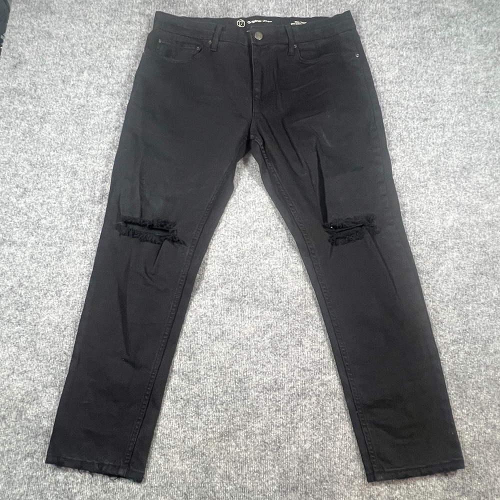 Original Use Slim Tapered Jeans Mens 36x32 Black Denim Cotton Stretch Distressed